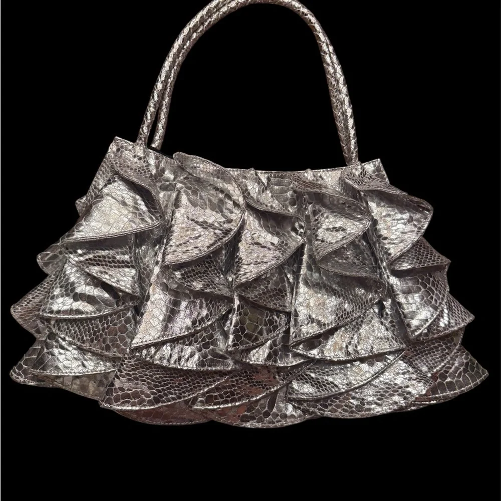 Sandra Robert’s. Metallic Silver Ruffled Shoulder Bag